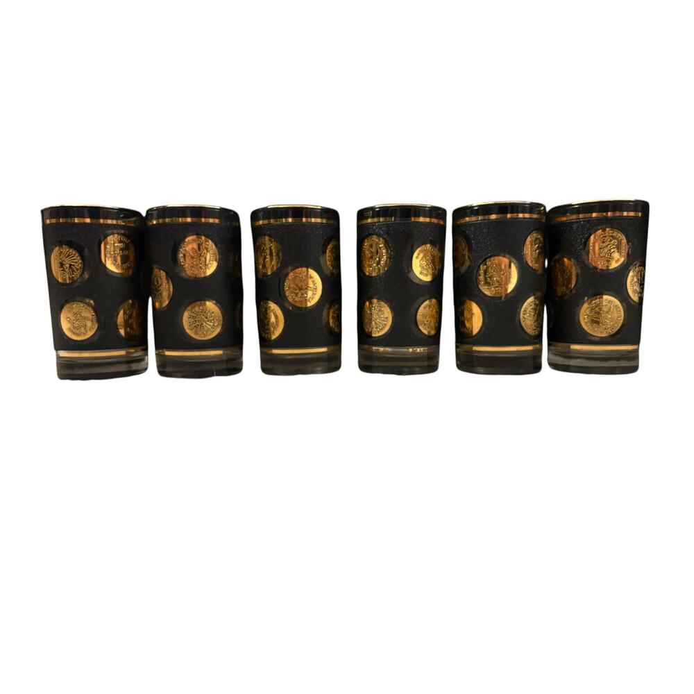 Libby Set 6 Black & Gold Liberty Coin Glasses Mid-century Modern Madmen Barware